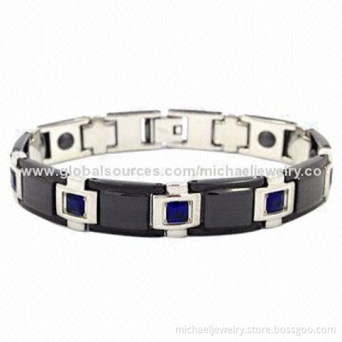 Magnetic Stainless Steel Bracelets with 9pcs of Blue CZ Stones and Interval of Plating IP Black